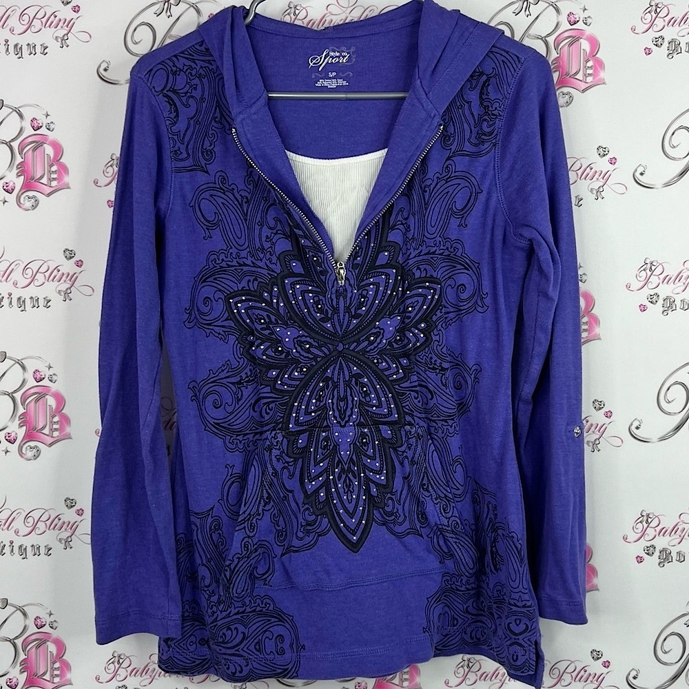 Style & Co. Sport hoodie half zip pull over purple Hoodie with Floral Design